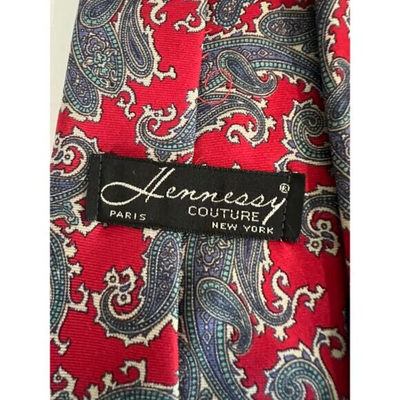 Hennessy Couture Paris Men's Silk Neck Tie Red Blue Paisley JL - Picture 4 of 8
